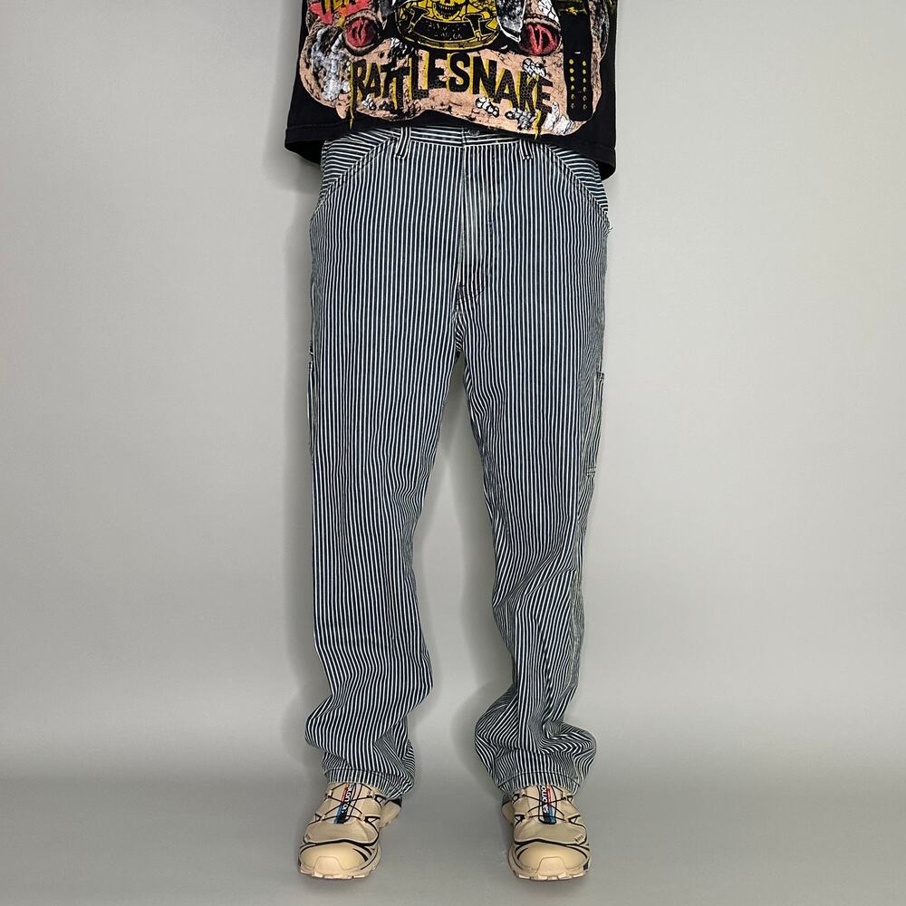 Vintage 90s Levis Striped Carpenter Pants 34x32 Baggy Wide Leg Blue White - Picture 4 of 6